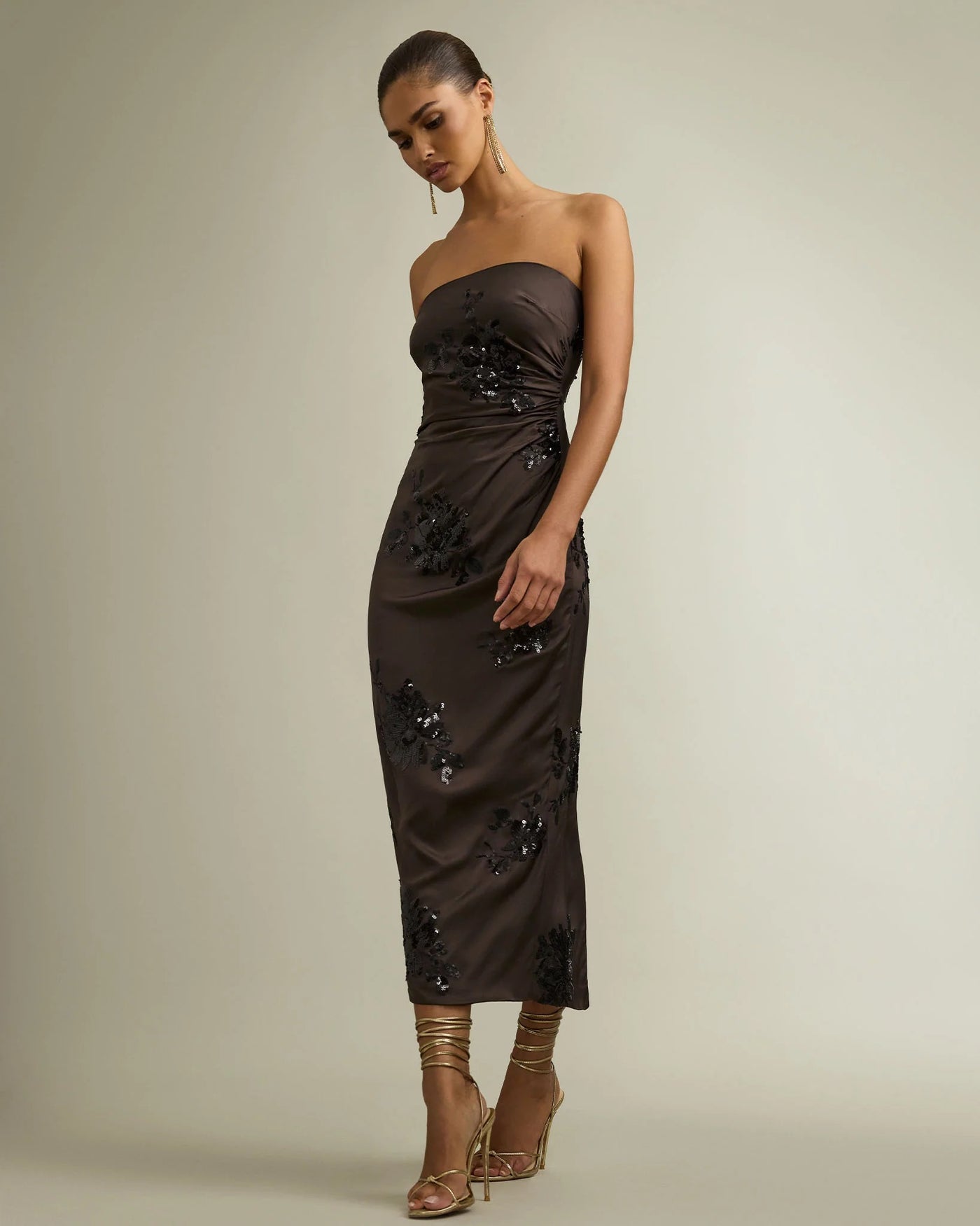 SHARON STRAPLESS EMBELLISHED MIDI DRESS IN BOHO BROWN