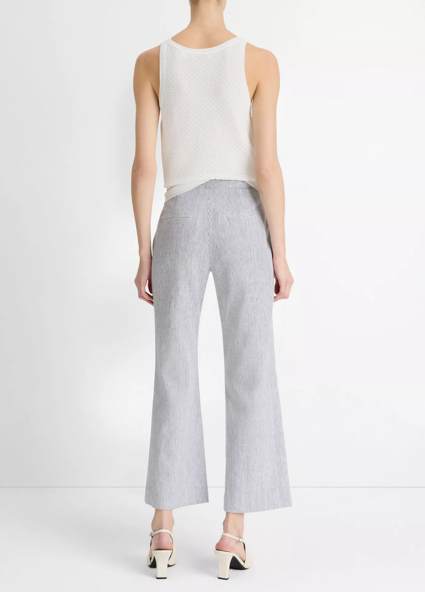 TICKING STRIPED CROP FLARE TROUSER IN IRIS SLATE/ OFF WHITE