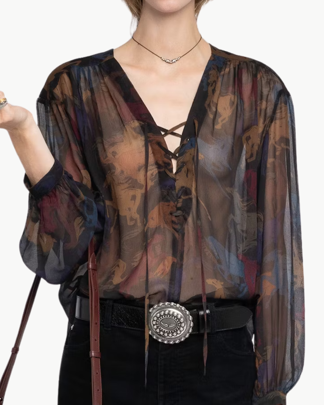 TAMELA HORSES SHEER SHIRT IN DARK CHOCOLATE