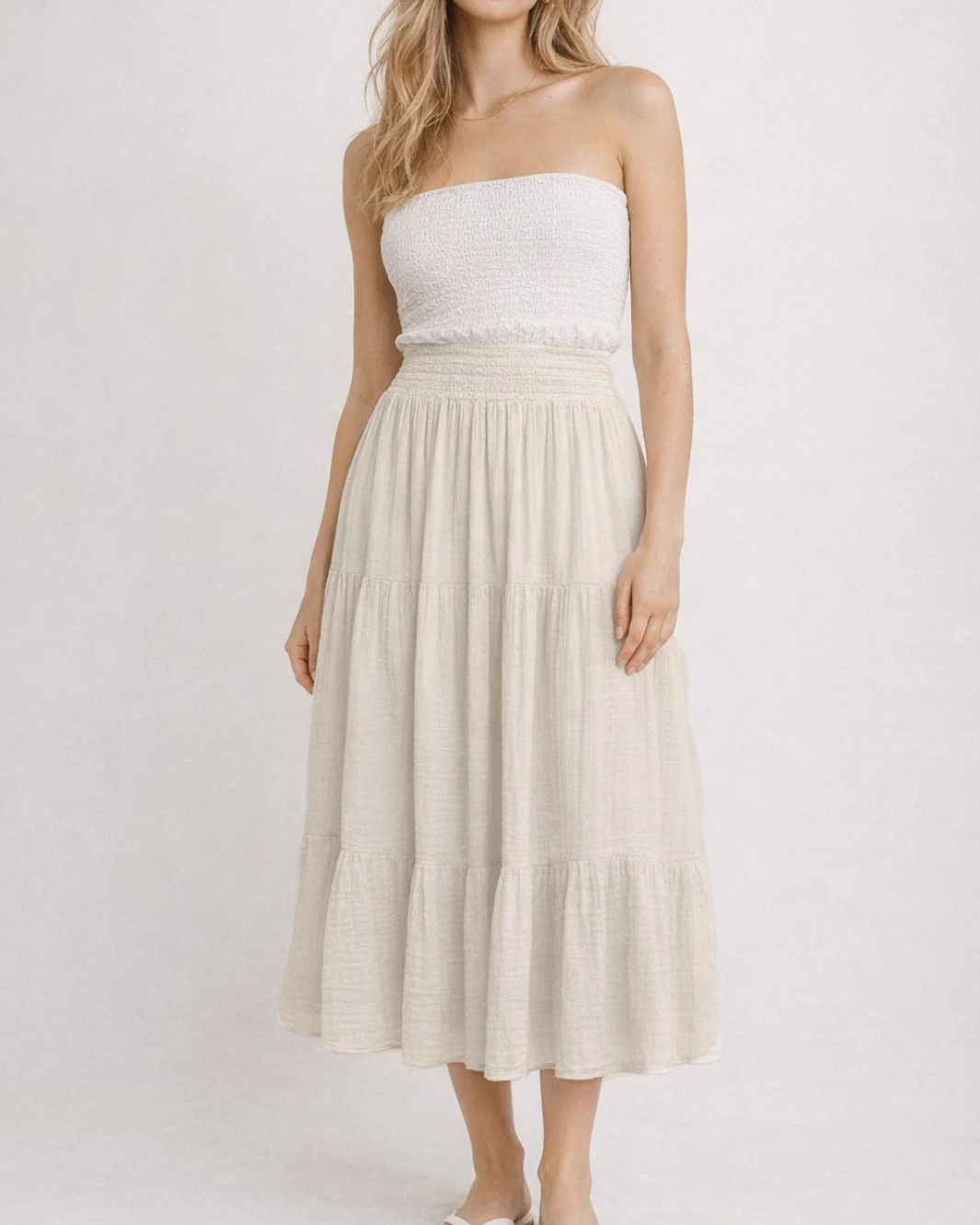 SMOCKED MAXI SKIRT GAUZE IN BIRCH - Romi Boutique