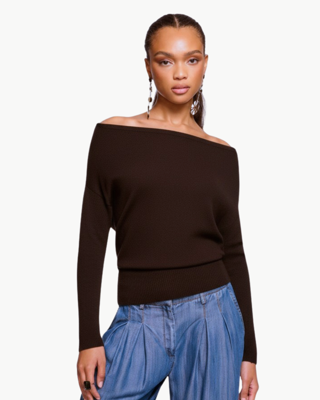 CHANCE MERINO OFF-THE-SHOULDER SWEATER IN DESERT BROWN - Romi Boutique