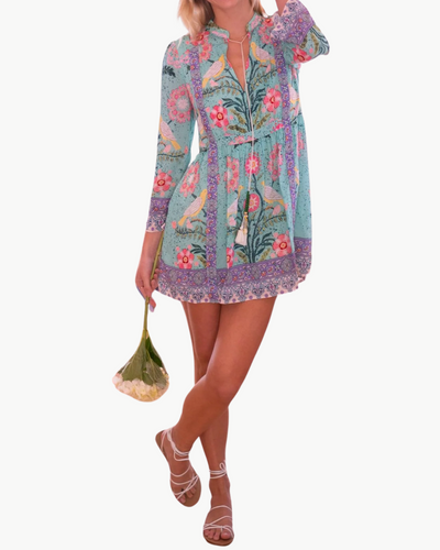 ROSE MINI DRESS IN GREEN PINK BIRD PRINT