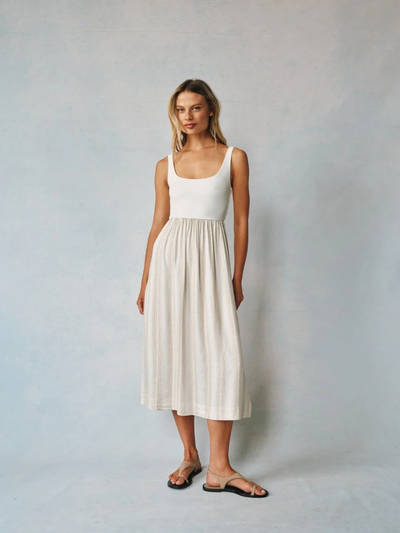 SLEEVELESS KNIT COMBO DRESS IN POSITANO SAND STRIPE