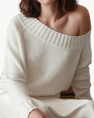 ASYMMETRIC NECKLINE SWEATER IN IVORY