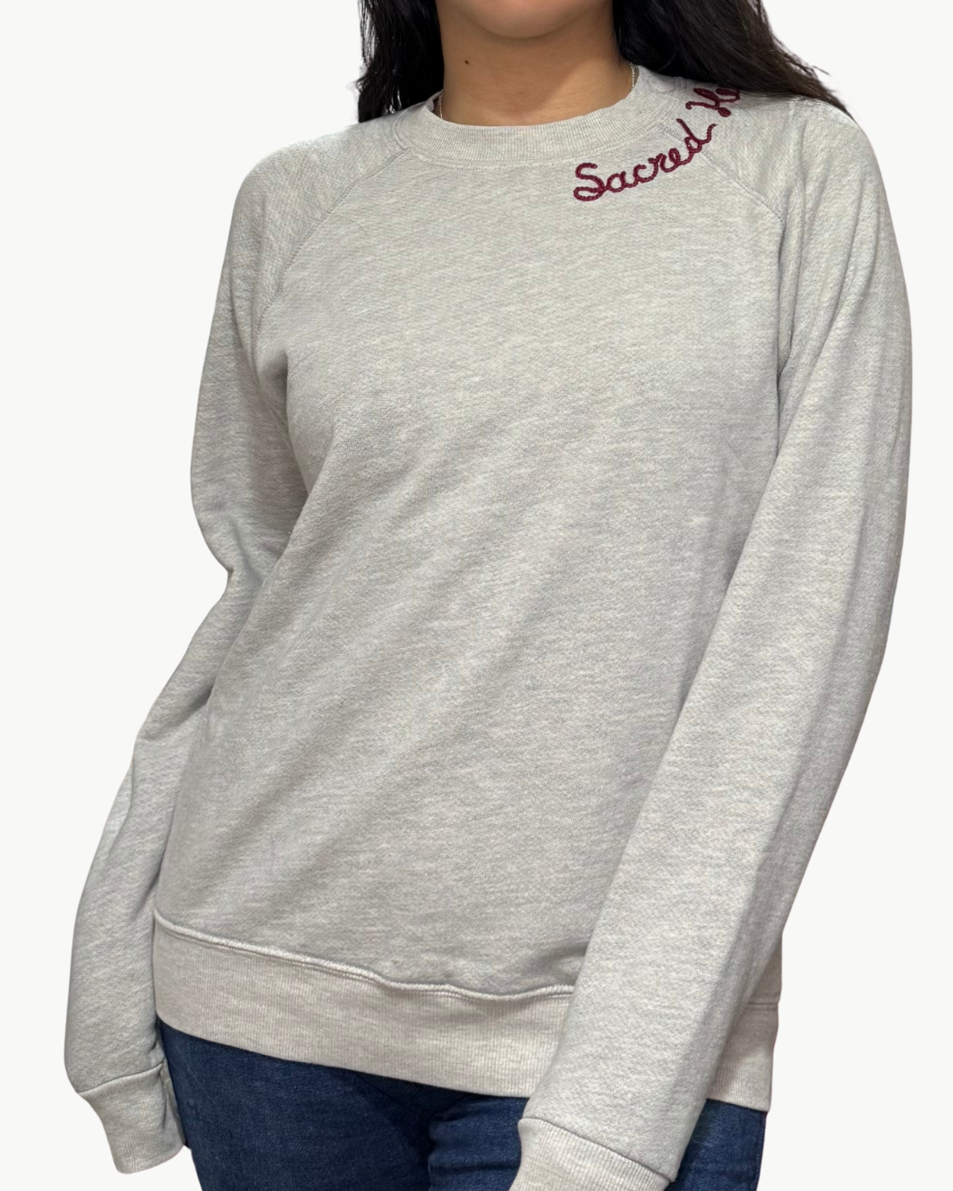 SACRED HEART CREW SWEATSHIRT IN GREY/MAROON