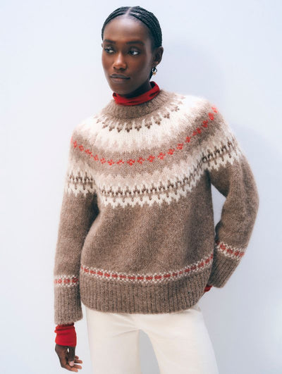 ALPACA BLEND FAIR ISLE CREWNECK IN BROWN COMBO