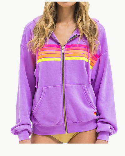 5 STRIPE RELAXED ZIP HOODIE IN NEON PURPLE/NEON