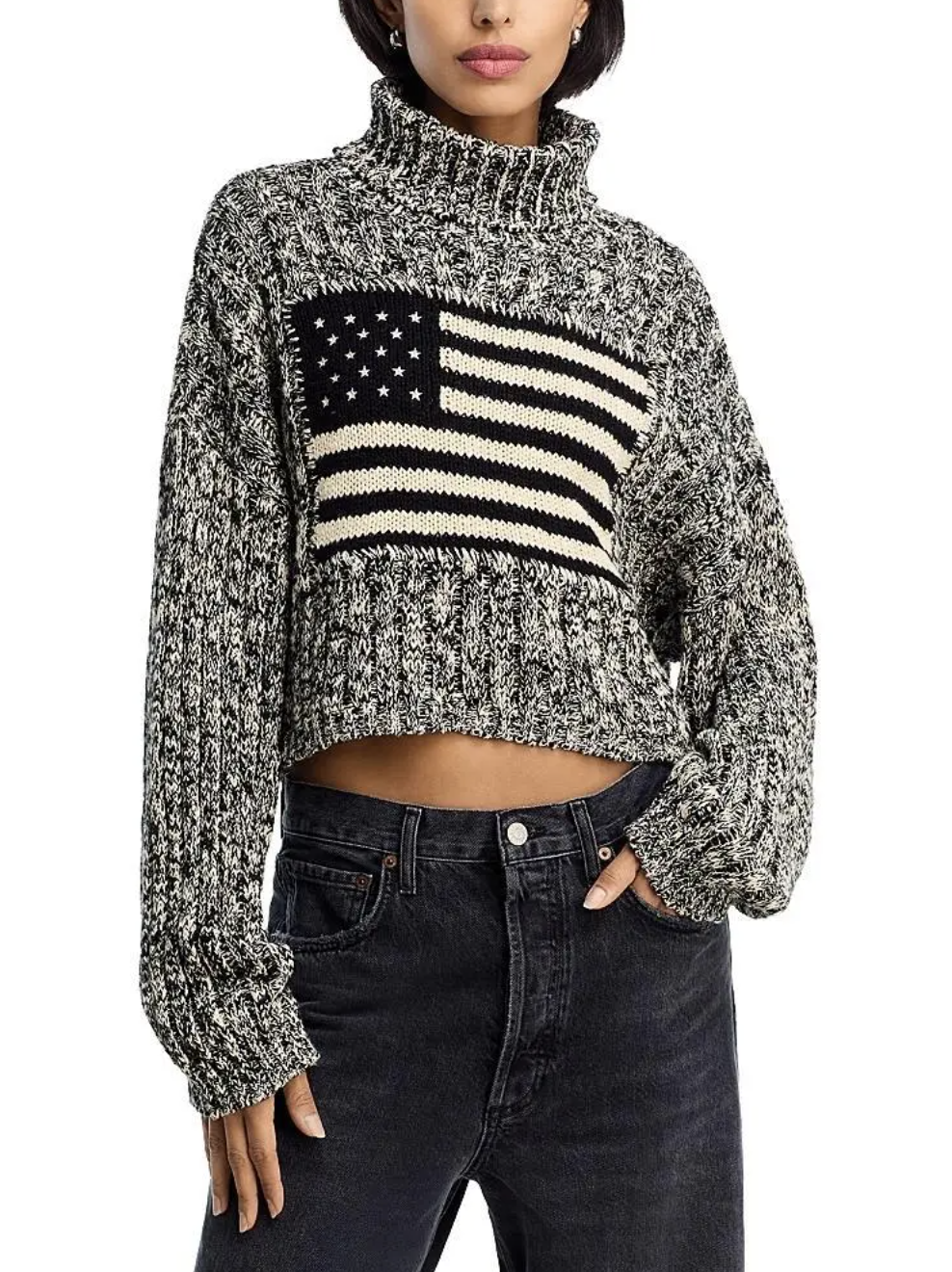 AMERICAN FLAG CROPPED TURTLENECK SWEATER IN MARLED BLACK/CREAM