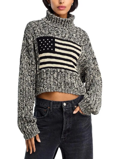 AMERICAN FLAG CROPPED TURTLENECK SWEATER IN MARLED BLACK/CREAM