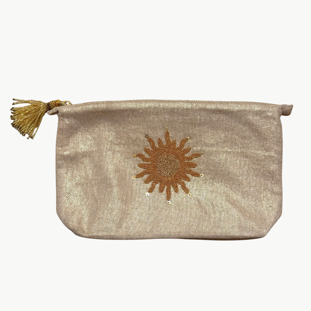 Olivia Dar LARGE SUN MAKE UP BAG IN GOLD LINEN at Romi Boutique