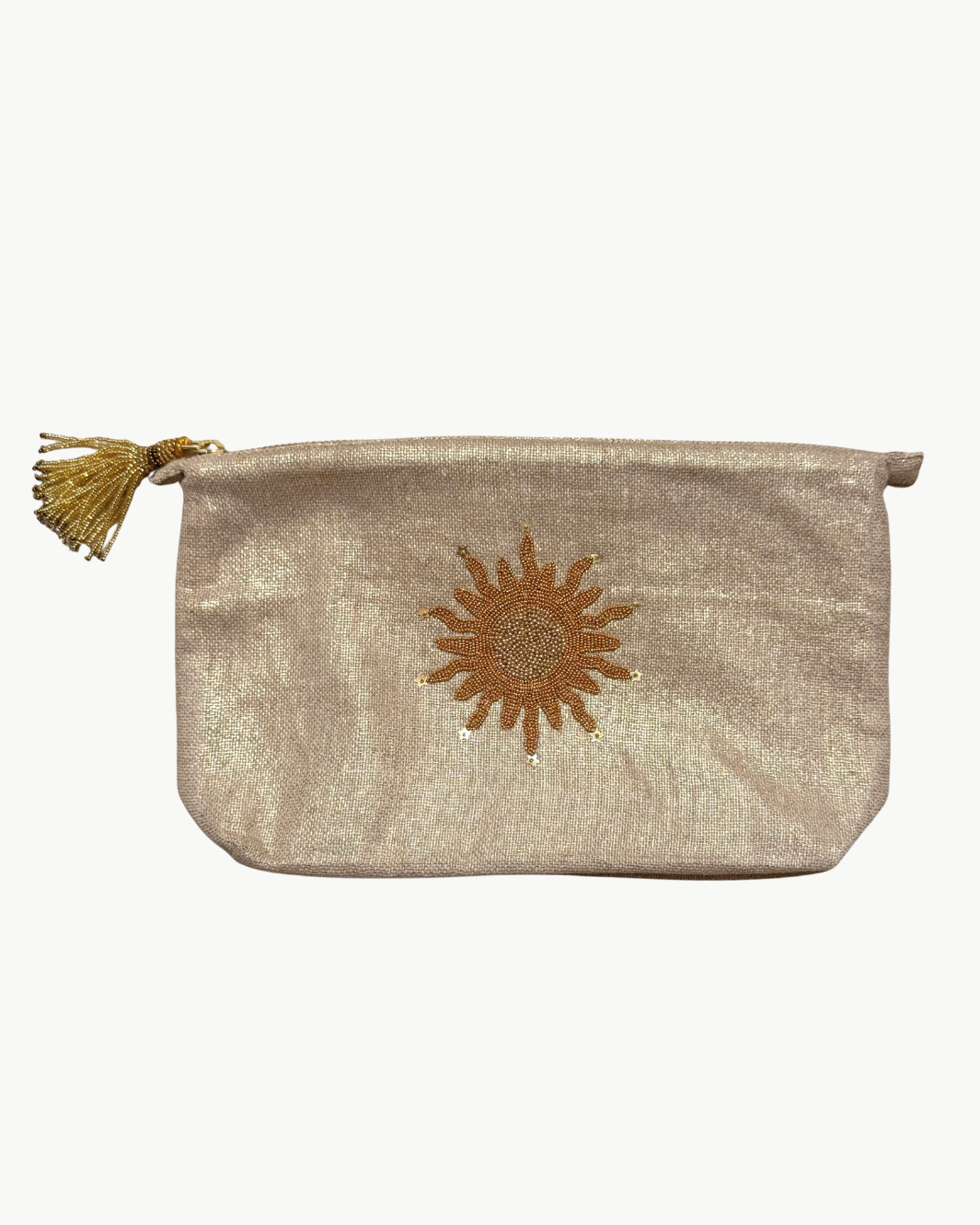 Olivia Dar LARGE SUN MAKE UP BAG IN GOLD LINEN at Romi Boutique
