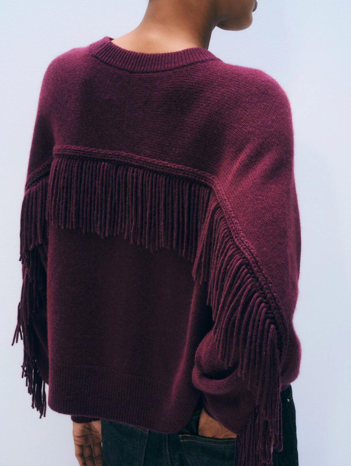 White & Warren Cashmere Blend Luxe Fringe Crewneck at Romi Boutique