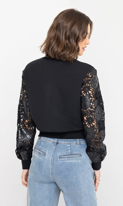 THERON GUIPURE COMBO SLEEVE SWEATSHIRT IN BLACK