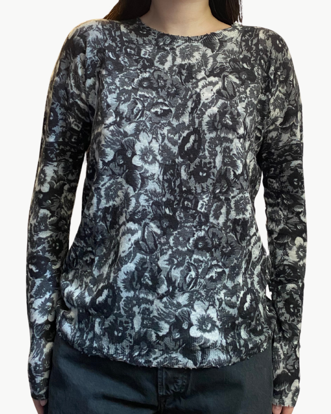 FLORAL SHEER DISTRESSED CREW IN BLACK