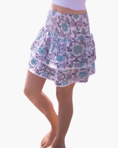 PLEATED SMOCKED MINI SKIRT IN LIGHT TURQUOISE PURPLE FLORAL