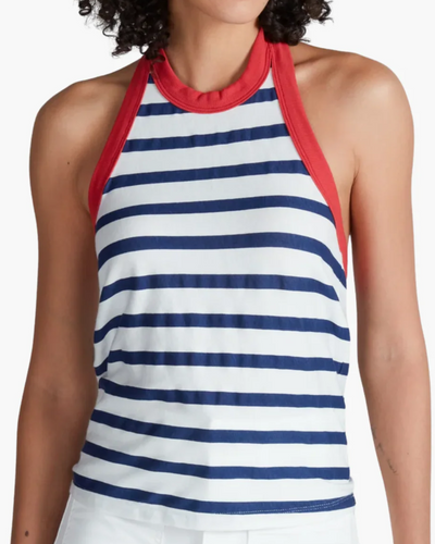 HALTER TANK IN THIN NAVY STRIPE
