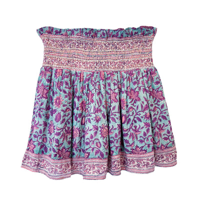 SMOCKED MINI SKIRT IN TEAL AND PURPLE - Romi Boutique