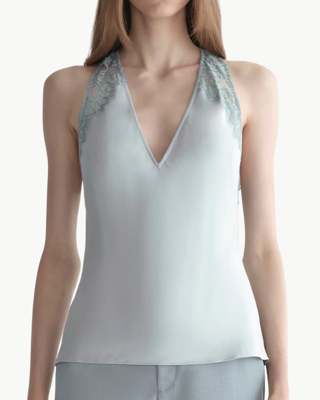 WES SATIN AND LACE TOP IN SLATE BLUE/GREY SKY - Romi Boutique