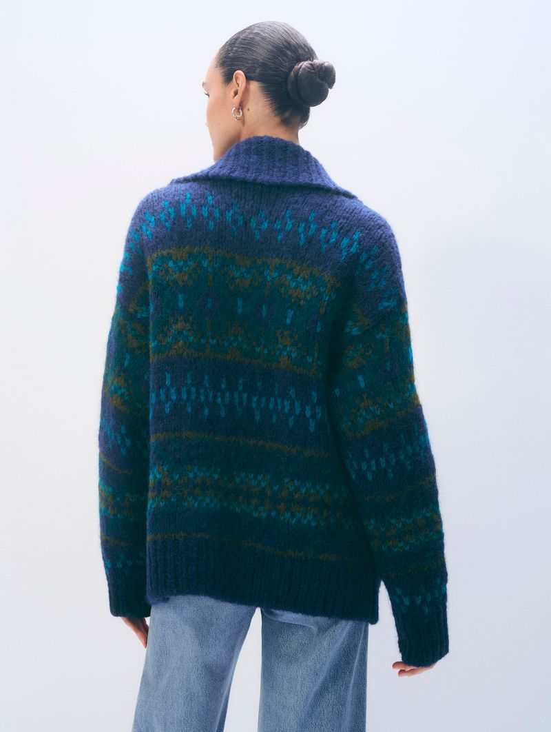 ALPACA BLEND FAIR ISLE BOMBER IN TEAL COMBO - Romi Boutique