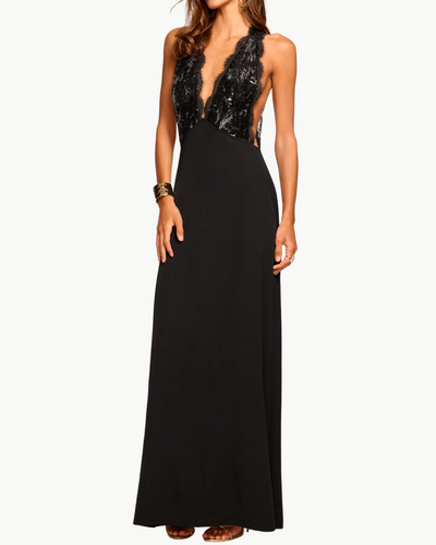 CHANTAL PLUNGING METALLIC LACE GOWN IN BLACK