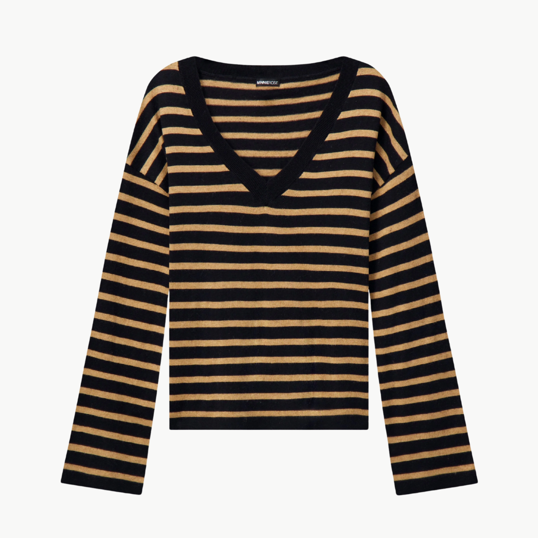 Minnie Rose SUPIMA STRIPED WIDE V NECK at Romi Boutique