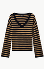 Minnie Rose SUPIMA STRIPED WIDE V NECK at Romi Boutique