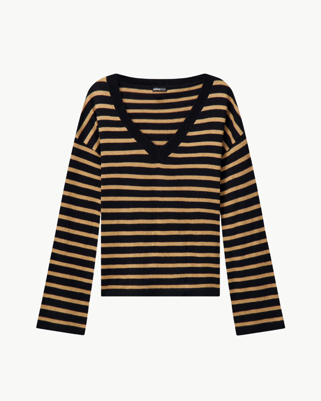 Minnie Rose SUPIMA STRIPED WIDE V NECK at Romi Boutique