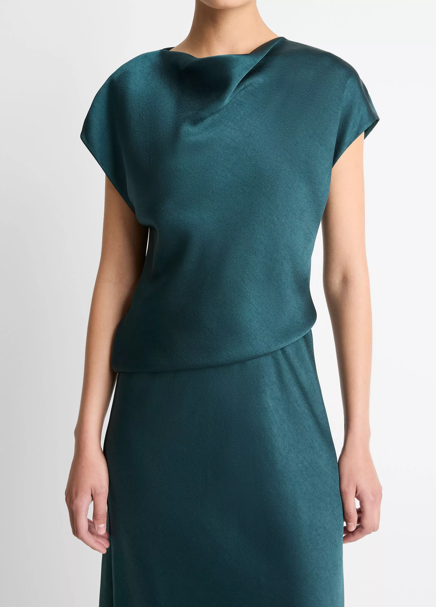 DRAPED SATIN COWL-NECK DRESS IN JUNIPER