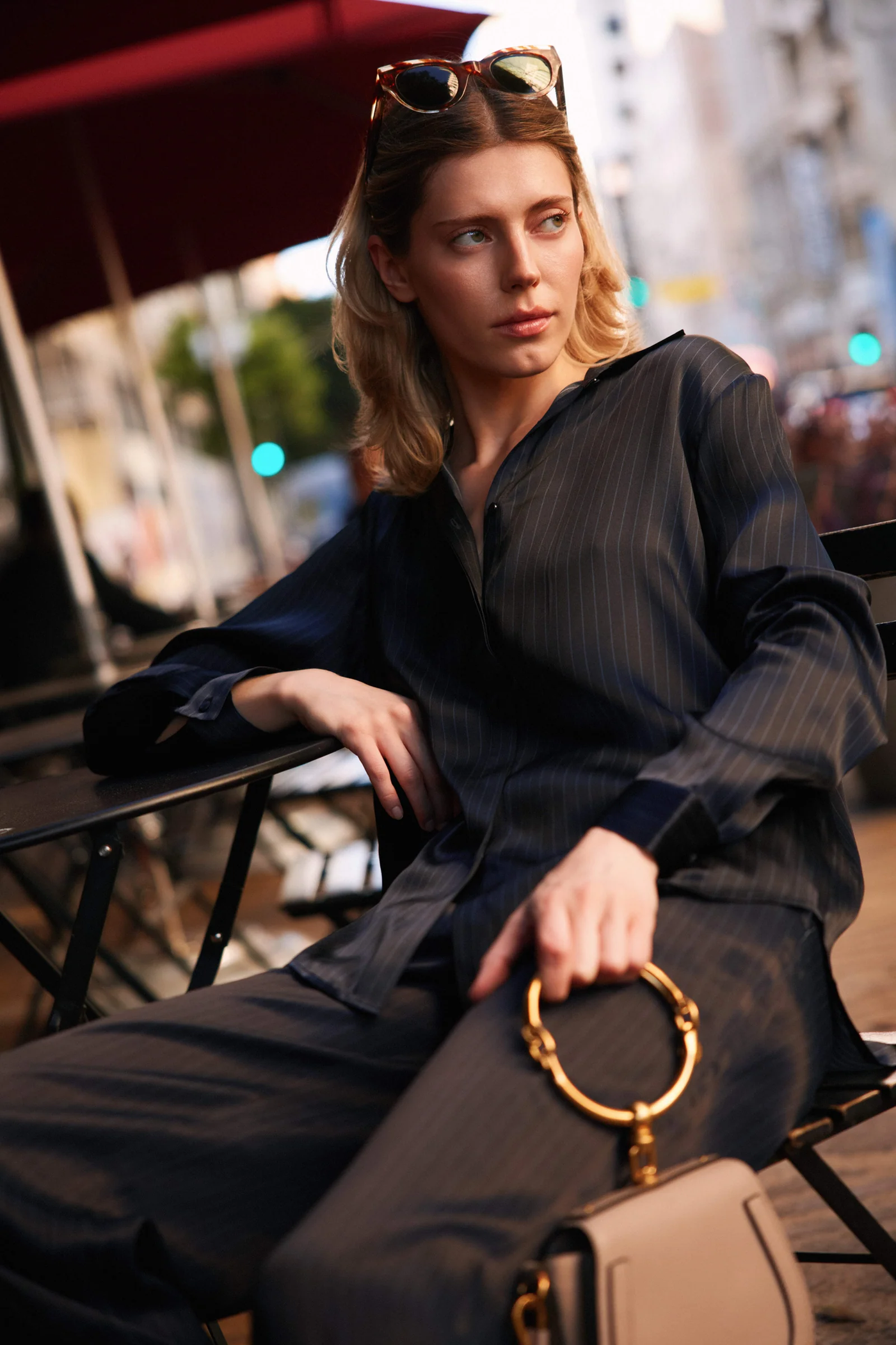 SOPHIE BLOUSE IN NAVY PINSTRIPE