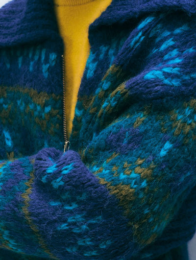 ALPACA BLEND FAIR ISLE BOMBER IN TEAL COMBO - Romi Boutique