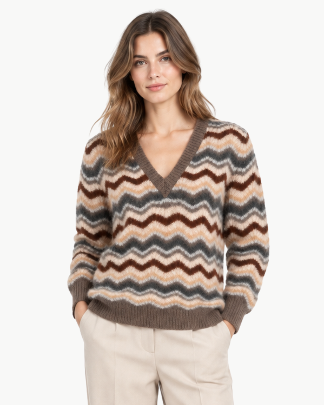 Autumn Cashmere Cropped Pointelle Wavy Stripe V Neck Pullover at Romi Boutique