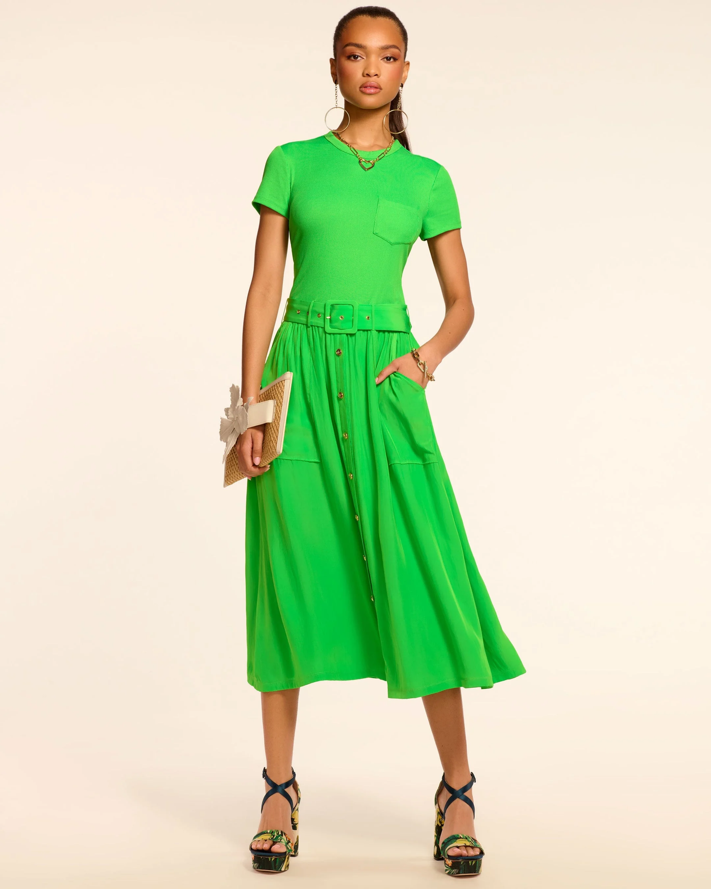 SYLVIE COMBO RIBBED MIDI DRESS IN TROPIC GREEN