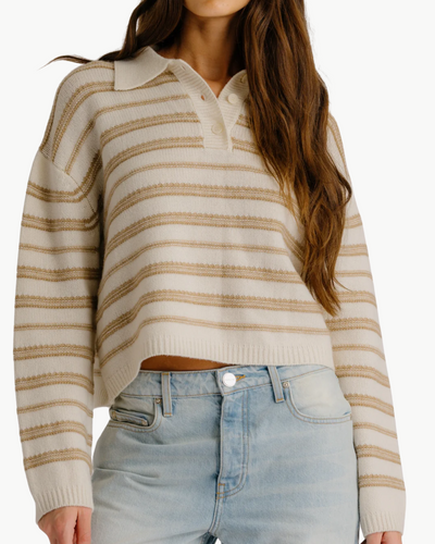 ELSIE RELAXED STRIPED CASHMERE POLO IN GARDENIA/CAMEL
