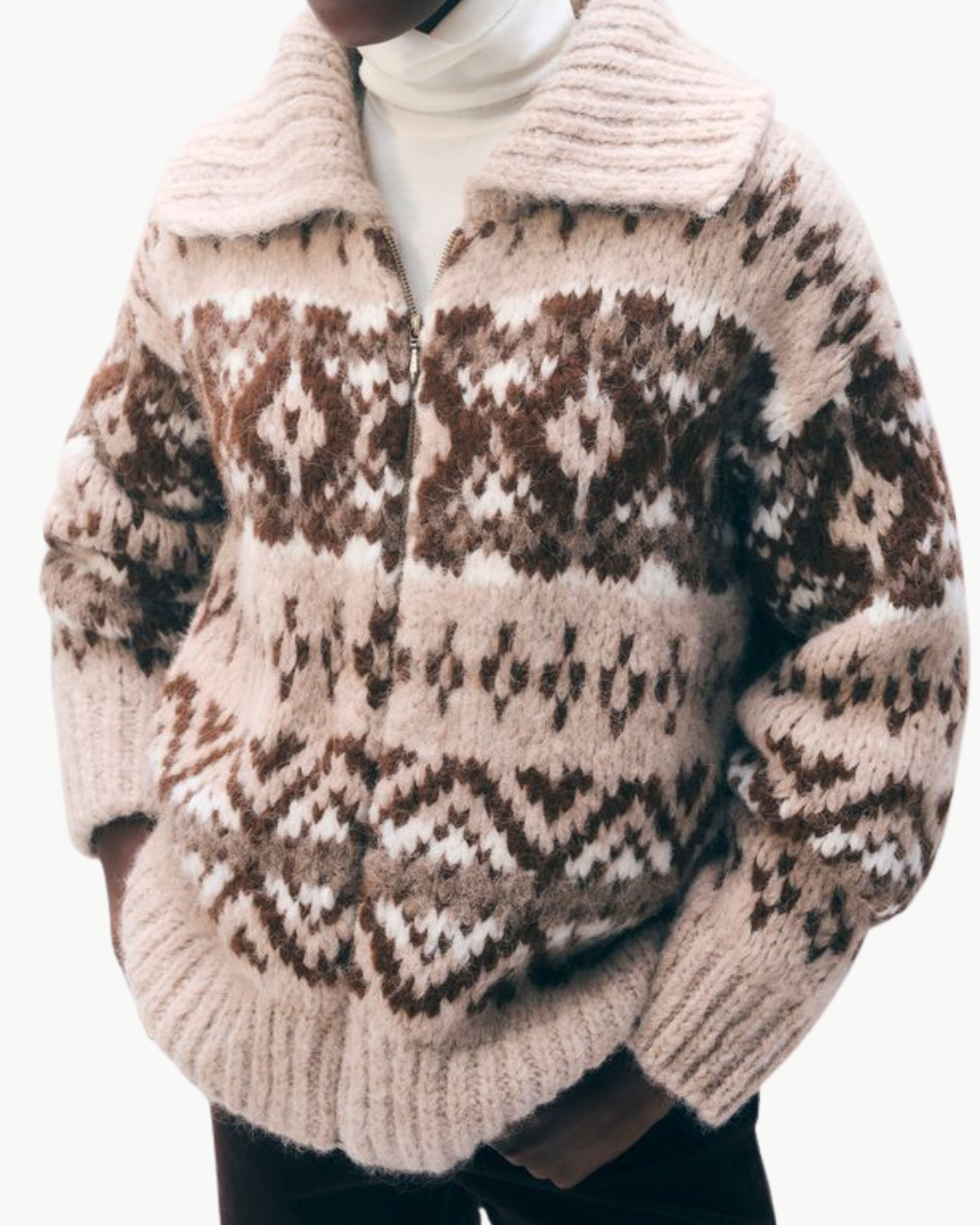 ALPACA BLEND FAIR ISLE BOMBER IN BROWN COMBO - Romi Boutique