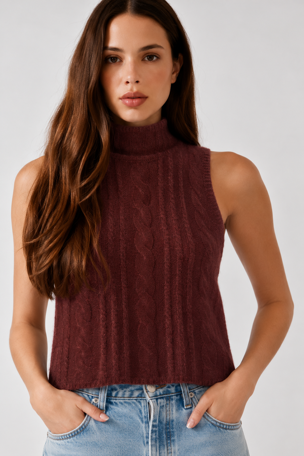 Salvia Sleeveless Cable Turtleneck Shell