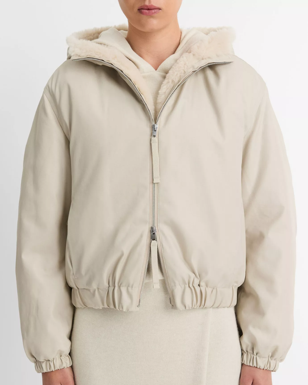 FAUX FUR LINED BOMBER JACKET IN CERAMIC