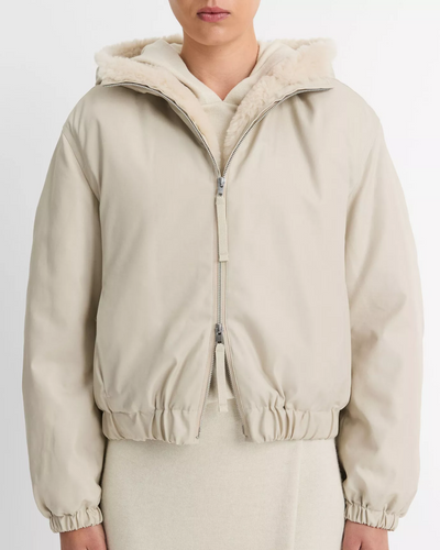 FAUX FUR LINED BOMBER JACKET IN CERAMIC