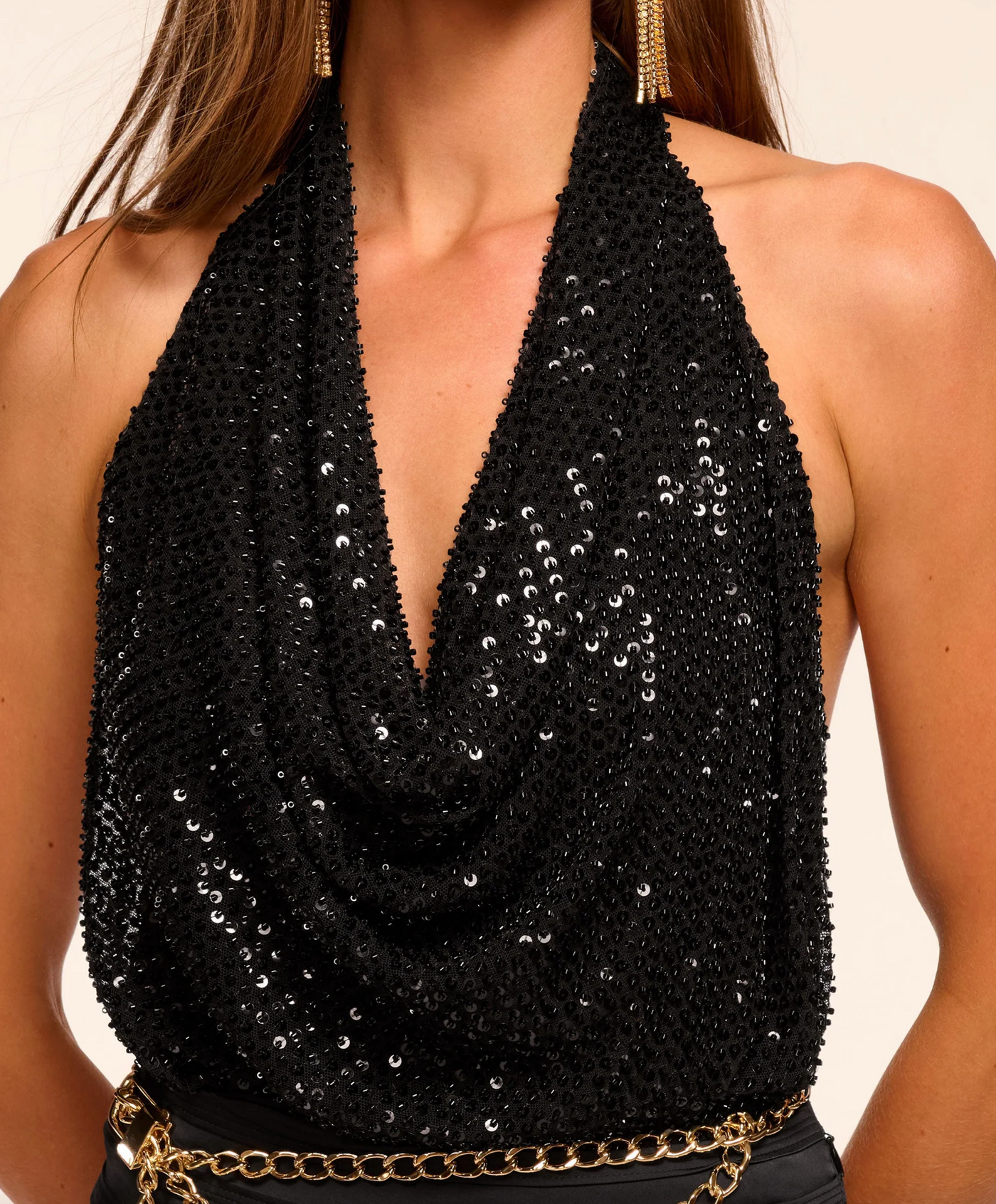 ALICE BEADED SEQUIN COWL NECK HALTER TOP IN BLACK