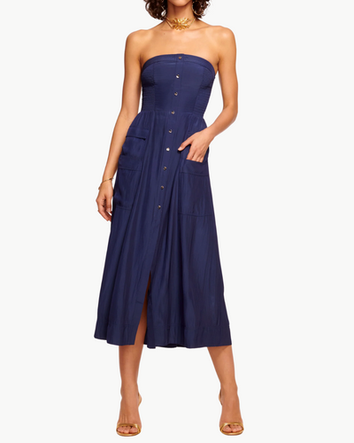 BLAIR STRAPLESS SMOCKED MIDI DRESS IN SPRING NAVY - Romi Boutique