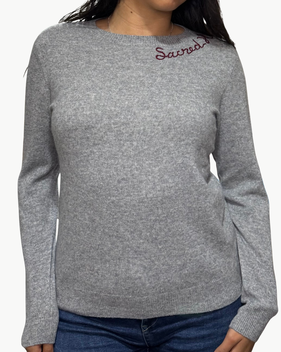 SACRED HEART CASHMERE CREW IN GREY/MAROON
