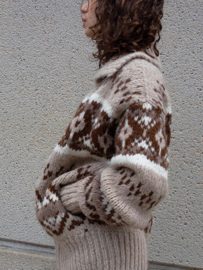 ALPACA BLEND FAIR ISLE BOMBER IN BROWN COMBO - Romi Boutique