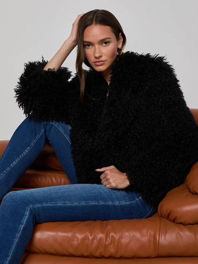 AURA CROPPED FAUX FUR JACKET IN BLACK