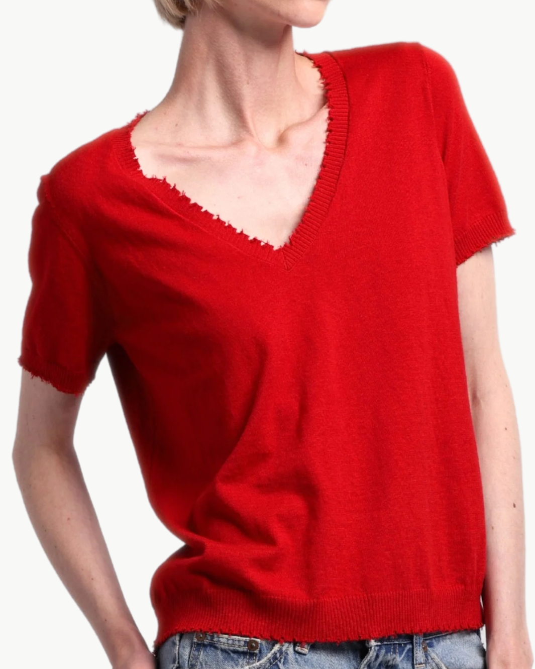 COTTON CASHMERE FRAYED V TEE IN LAVA RED - Romi Boutique