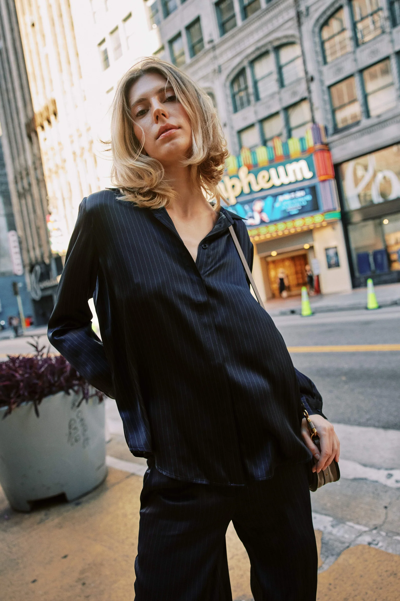 SOPHIE BLOUSE IN NAVY PINSTRIPE