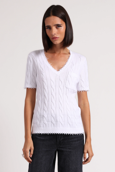 COTTON FRAYED CABLE V NECK TEE IN WHITE