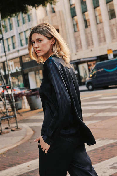 SOPHIE BLOUSE IN NAVY PINSTRIPE