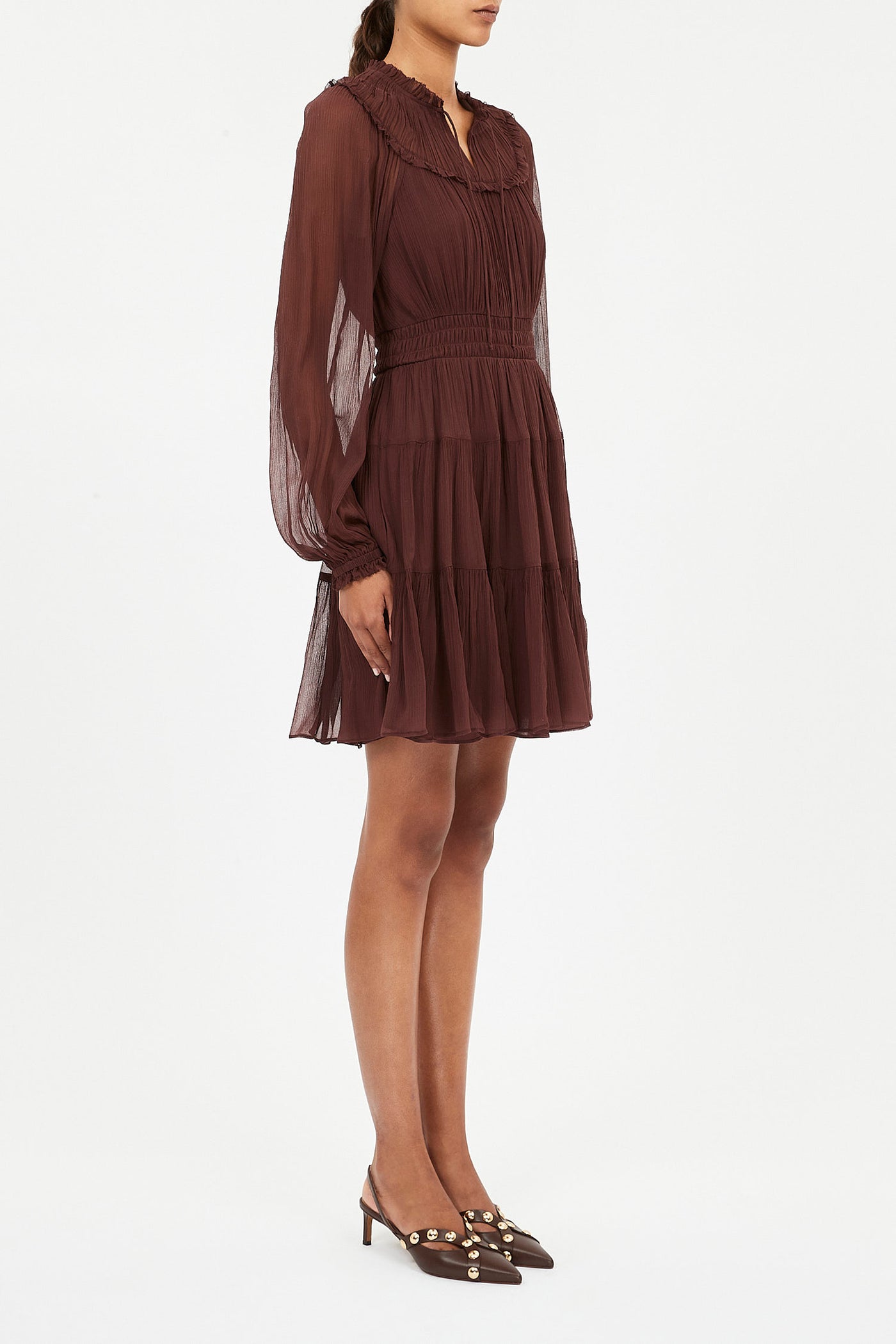 AVA SILK LONG SLEEVE MINI DRESS IN MAHOGANY