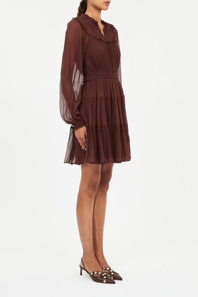 AVA SILK LONG SLEEVE MINI DRESS IN MAHOGANY