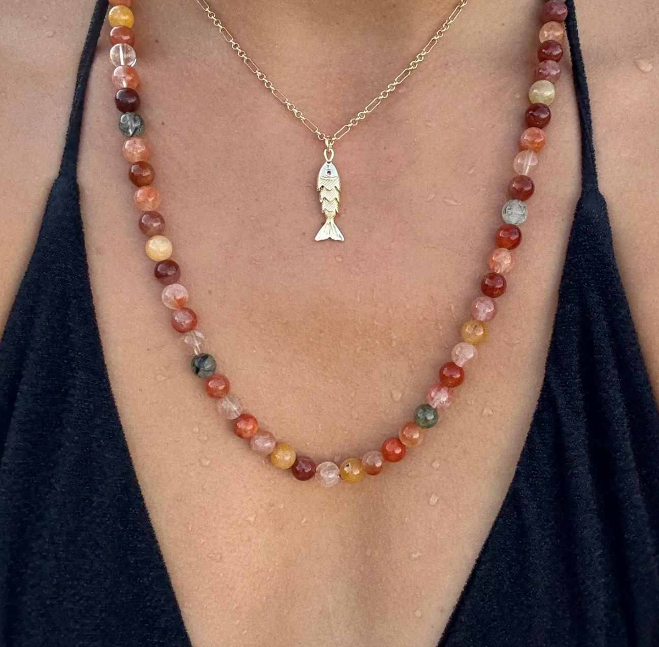 BEADED NECKLACE IN NATURAL by Alexa Leigh - Romi Boutique