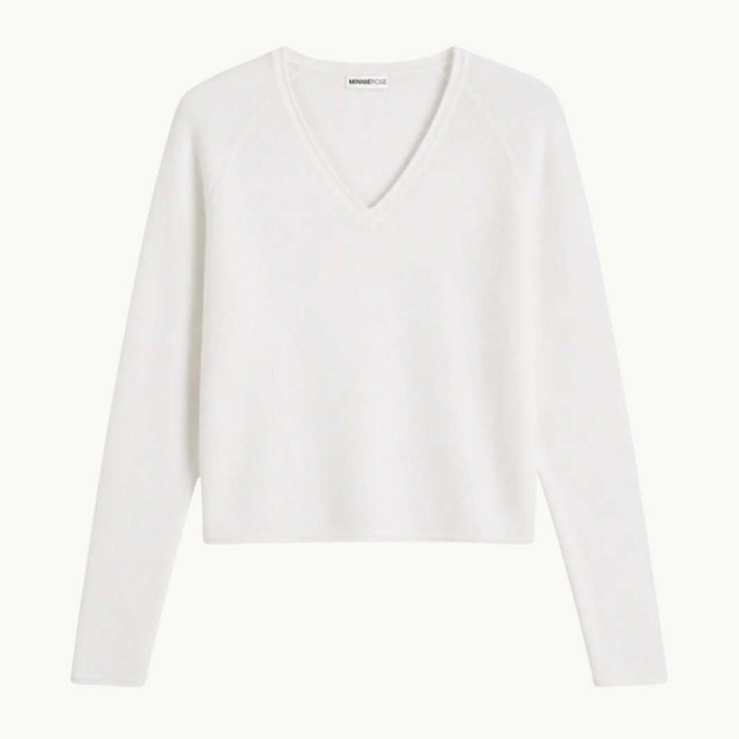 Minnie Rose Sheer Luxury Cashmere Long Sleeve V Neck with Rolled Trims at Romi Boutique